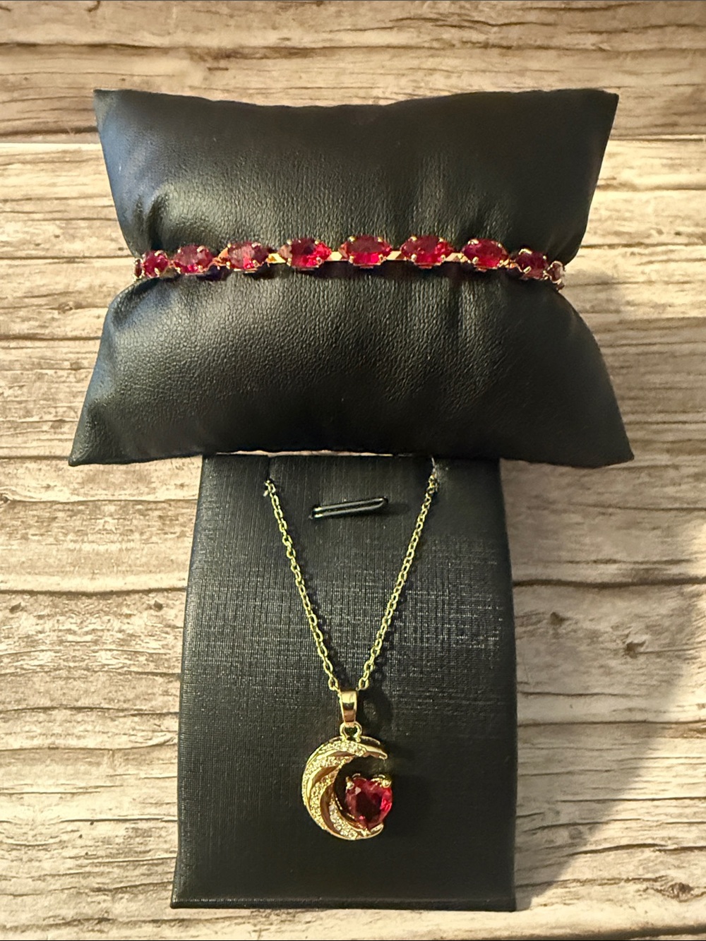 Gold Plated Red Crystal Moon Heart Necklace & Tennis Bracelet Set